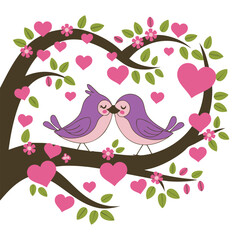 A charming illustration of two purple birds sitting together on a tree branch, with pink hearts,