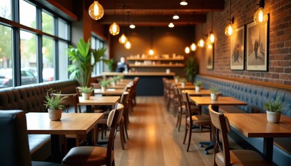 Stock photo captures a welcoming restaurant interior with wooden tables comfortable seating and soft lighting providing a cozy and inviting dining experience.