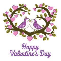 A charming illustration of two purple birds sitting together on a tree branch, with pink hearts,