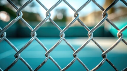 Fototapeta premium The photo captures the foreground with a silver chain-link fence in focus, while the blurred backdrop presents an empty blue tennis court under a slightly cloudy sky.