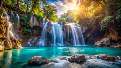 Obraz premium Surreal Turquoise Waterfall Cascading Between Rocky Cliffs - Dreamlike Nature Photography