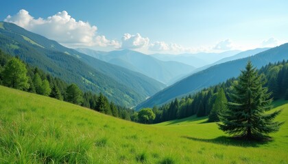 Fototapeta premium Stock photo shows a tranquil mountain landscape with rolling hills fresh green trees and clear blue skies creating a peaceful and refreshing atmosphere.