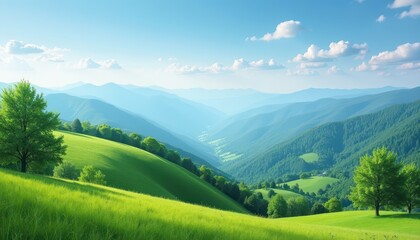 Obraz premium Stock photo shows a tranquil mountain landscape with rolling hills fresh green trees and clear blue skies creating a peaceful and refreshing atmosphere.