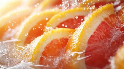 Slices of fresh oranges suspended in bubbly water, sparkling in the light, creating an invigorating and refreshing visual ideal for a healthy lifestyle concept.