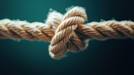 A close-up of a tightly tied rope knot signifying strength and unity, set against a smooth teal background symbolizing stability and connection in its visual context.