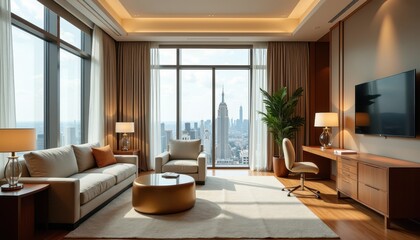 Fototapeta premium Stock photo captures an elegant well-lit office space with comfortable furniture modern décor and panoramic views offering a professional and stylish environment.
