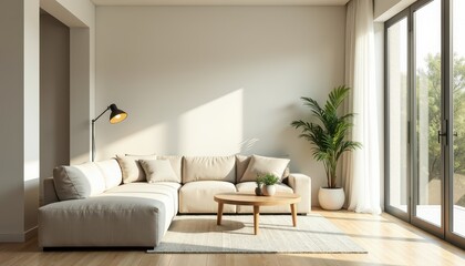 Fototapeta premium Stock photo depicts a minimalist living room with clean lines neutral colors and abundant natural light creating a serene and peaceful environment.