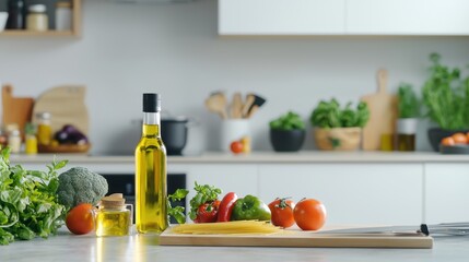 Create Budget-Friendly. Fresh ingredients and olive oil arranged on a kitchen countertop ready for cooking.