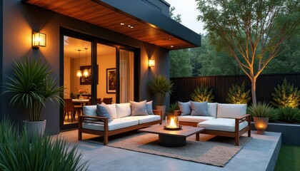 Stock photo features a contemporary outdoor patio with stylish furniture lush plants and warm ambient lighting perfect for enjoying a relaxing evening.