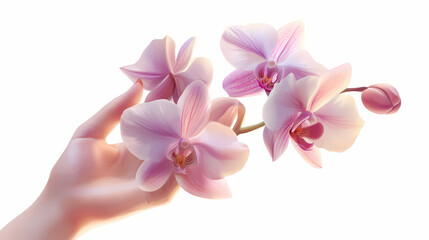 Obraz premium Orchid blossom hold woman hand isolated on white background. ai generative. Blossom. Illustration