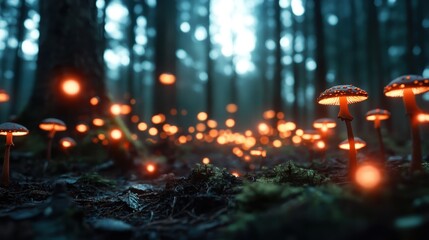 An enchanting forest scene features luminescent mushrooms casting a magical glow amidst a darkened woodland, evoking mystery and wonder in nature's nighttime realm.