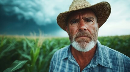 Fototapeta premium A weathered farmer stands resolutely in a field under a looming stormy sky. His determined stance signifies resilience in the face of daunting challenges.
