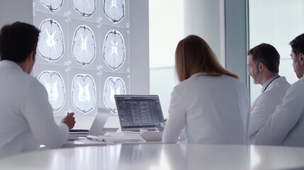 Doctors and medical professionals are having a meeting, analyzing brain mri scans displayed on a projection screen and laptop, discussing diagnosis and treatment options