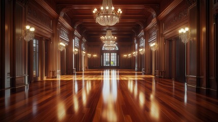 Naklejka premium Elegant ballroom with chandeliers and gleaming wooden floor in grand mansion.