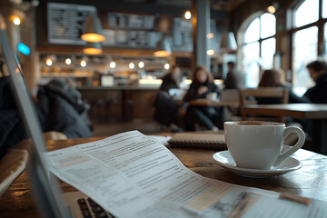 A laptop is open on a table with a menu on top of it
