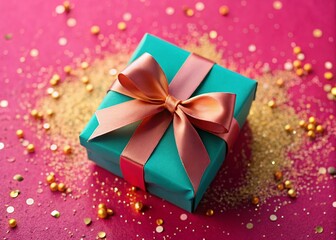 Fototapeta premium Teal Gift Box with Golden Pink Ribbon Bow on Pink Glitter Background - Celebration Stock Photo