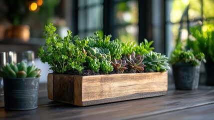 A rustic wooden planter prominently features an array of succulents, sitting on a wooden table, illuminated by soft, natural interior lighting.