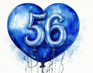 Blue birthday / anniversary balloon, number 56, watercolor painting with white background
