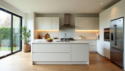 Fototapeta premium Stock photo depicts a contemporary kitchen with a large island shiny appliances and ample natural light making the space look fresh and functional.