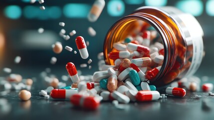 A spilled amber bottle with assorted capsules and pills scattered across a dark surface under blurred light, showcasing pharmaceutical chaos in dramatic focus.