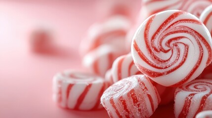 Close-up of peppermint candies featuring red and white stripes on a soft pink background, focusing on texture and pattern, invoking sweet nostalgia.