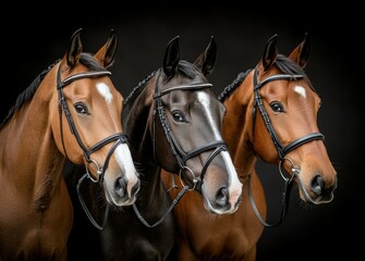 Obraz premium Three horses of different colors standing closely together, showcasing their beauty and elegance against a dark backdrop during an equestrian event preparation