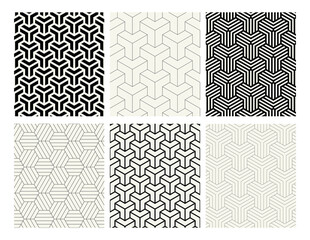 Fototapeta premium Vector seamless patterns set. Stylish linear ornaments. Geometric backgrounds with thin and bold hexagons. Regular monochrome swatches. Basic versatile tileable grids.