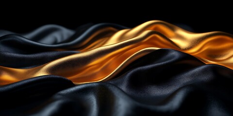 Fototapeta premium Flowing gold and black silk fabric on dark background.