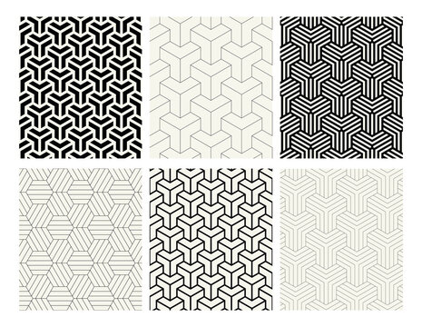 Vector seamless patterns set. Stylish linear ornaments. Geometric backgrounds with thin and bold hexagons. Regular monochrome swatches. Basic versatile tileable grids.