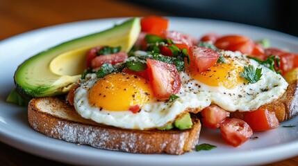 A hearty dish of eggs paired with sliced avocado on toast, adorned with tomato chunks and herbs. Ideal for a nutritious start to the day.