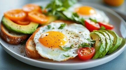 A vibrant breakfast plate featuring fried eggs with fresh avocado, cherry tomatoes, and toast. Perfect for a healthy and satisfying morning meal.