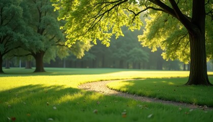 Stock photo captures a peaceful park scene with lush grass a winding path and trees bathed in soft sunlight offering a serene and natural backdrop.