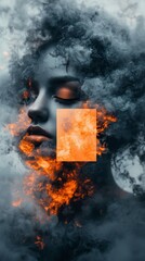 Surreal Portrait Woman s Face Emerging from Smoke and Fire Abstract Art