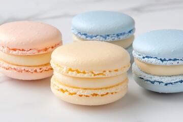 Fototapeta premium Colorful pastel macarons on marble surface, showcasing cheerful dessert display