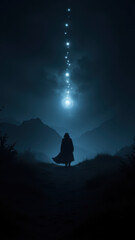 Fototapeta premium A lone figure walks towards an AI-themed landscape under a starry night sky.