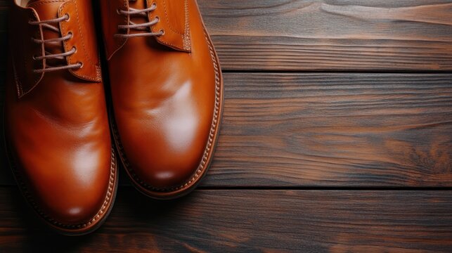 Elegant brown leather shoes rest on a polished wooden floor, showcasing craftsmanship and style, ideal for formal wear or professional settings by confident individuals.