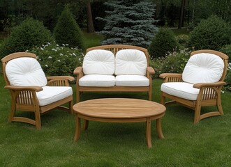 Fototapeta premium Experience the ultimate relaxation with a cozy outdoor seating arrangement featuring beautiful wooden furniture, all set within a tranquil garden oasis
