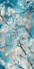 Naklejka premium Frost-covered flowers in winter wonderland with ice crystals.