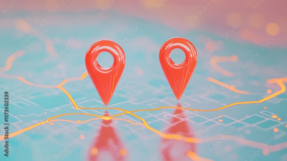 Poster Two vibrant red location pins marking positions on a digital map, showcasing highlighted routes and symbolizing modern online navigation and efficient route planning for travelers