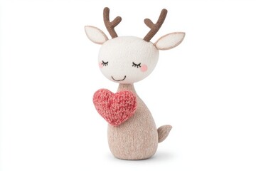 Obraz premium Knitted deer toy holding red heart with cute and cheerful expression