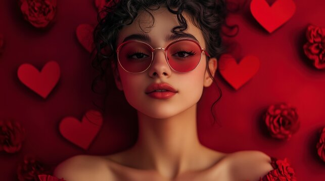 Retrato de una mujer joven sobre fondo rojo