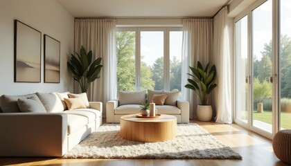 Stock photo showcases a bright airy living room with a large sectional sofa a coffee table and neutral-toned walls evoking a peaceful and spacious feel.