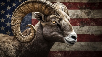 Dramatic close-up of a bighorn sheep&rsquo;s curled horns with USA Flag , symbolizing power and resilience