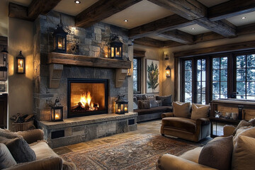 Cozy rustic living room with fireplace, snowy mountain view