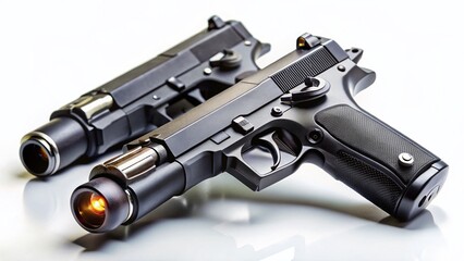 Two 9mm Semi-Automatic Handguns with Tactical Flashlight - Tilt-Shift Photography Stock Photo