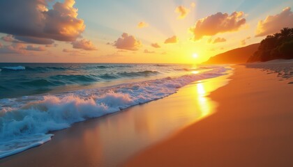 Obraz premium Stock photo showcases a serene beach setting with golden sand rolling waves and a brilliant sunset providing a peaceful and relaxing atmosphere.