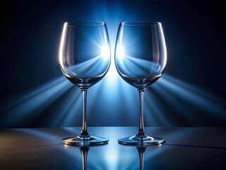 Two Empty Wine Glasses on White Background - Night Photography Stock Photo