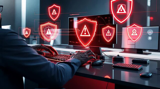 Cybersecurity Expert Monitoring Threats in High-Tech Network Control Room with Red Alert Symbols

