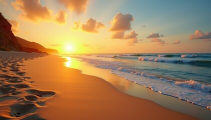 Obraz premium Stock photo showcases a serene beach setting with golden sand rolling waves and a brilliant sunset providing a peaceful and relaxing atmosphere.