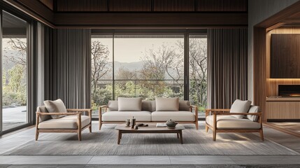 Fototapeta premium Serene Minimalist Living Room with Mountain View